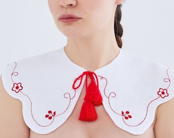 Embroidered detachable collar "Obukhiv Ornament" - Peter Pan collar with Red Cross stich -White linen collar - Cottage core collar