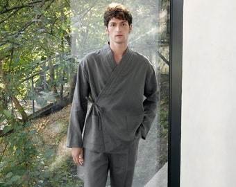 Japanese style men's linen kimono set Natural fabric lounge home wear flax comfy clothes grey graphite Spa pajama Relaxed fit pants shirt