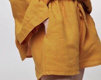 Yellow Linen Shorts for Women - Flax Lounge Wear - Oversized Shorts in Elegant and Eco-Friendly Style - Lounge wear