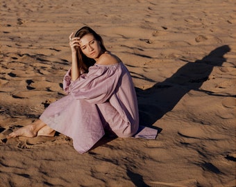 Gift for woman - Dusty Rose Linen Maxi Dress with Cottagecore Vibes - Off shoulder dress boho - Festival Outfit