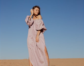 Off shoulder dress Dusty rose dress Boho goddess maxi Western country festival outfit Romantic prom Cottagecore linen dress Balloon sleeves