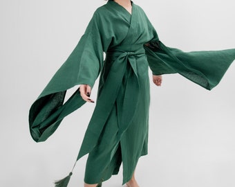 【SALE/60%OFF】 Home Dress - Japanese Kimono - Long Green Linen Jacket Clothing