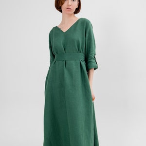 Linen dress midi Long sleeve dress Green linen dress, Plus size Custom made Oversized linen dress natural chic earthy tones resort outfit image 2