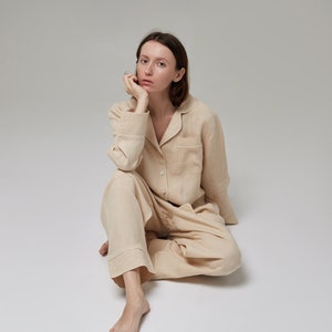 Gift for Women Linen pajama set Wide leg pants, Relaxed fit shirt Organic sleepwear Home lounge wear Natural fabric pajama image 2