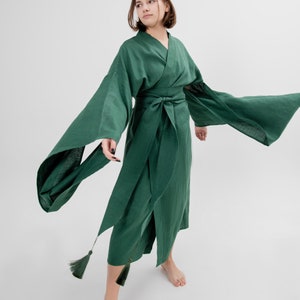 Japanese kimono dress Long green linen jacket Women coat organic loungewear maxi boho cardigan eco friendly clothes minimalistic linen robe Grass