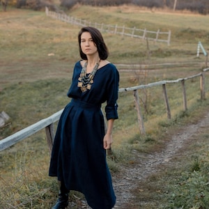Black Linen Midi Dress – Reversible Long Sleeve Dress with Belt – Oversized Plus Size Flax Clothing – Dark Blue Eco Fashion