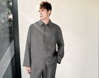 Premium Linen Costume Set - Relaxed Fit Pants and Shirt - Oversized Lounge Wear for Men