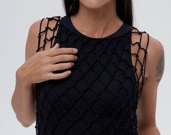 Sleeveless net dress - Сhainmail midi dress from cotton cord - Knitted net top women - See-through dress Black color