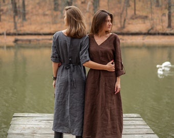 Grey linen dress Chocolate Long sleeves dress with belt Street style linen dress, Plus size linen dress Transformed dress Luxury Eco Linen