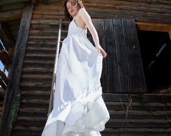 Tenue d'été Maxi robe d'été en lin et coton Robe longue blanche Robe d'été bohème Resort chic Vêtements en lin élégants Robe de mariée côtière Style romantique