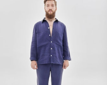 Oversized Men Linen Set - Elegant Flax Trousers and Shirt - Customizable Plus Size Lounge Wear