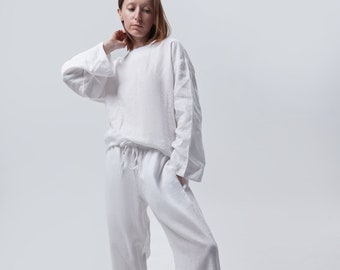 Linen pants and top White linen costume women Oversized linen set Flax trousers Plus size  Eco clothes Relaxed fit Home costume Lounge wear