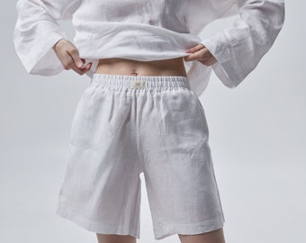 Linen shorts and top long sleeves White linen costume women Oversized  linen set Flax short pants Eco clothes Relaxed fit home Lounge wear