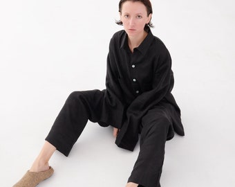 Black oversized linen pants women Elegant flax trousers Custom and Plus size available Relaxed fit pants unisex Lounge wear