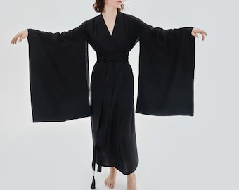 リネン着物 和風ドレス ベルト付き 長袖 女性用 オーガニック マキシドレス 環境に優しい服 ミニマル リネン ブラック グラファイト