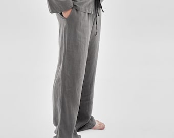 Premium Linen Men Trousers - Relaxed Fit Pants - Oversized Lounge Wear for Men - Grey Flax Trainers - Custom size available