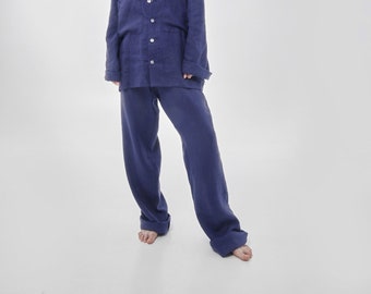 Blue oversized linen pants women Elegant flax trousers Custom and Plus size available Relaxed fit pants unisex Lounge wear