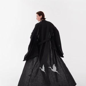 Linen kimono with embroidered stork - Japanese style dress with belt - Maxi dress - Eco friendly clothes - Black flax coat - Women cardigan