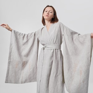 Linen kimono with embroidery Japanese style dress with belt  Women organic maxi dress eco friendly clothes minimalistic linen white grey