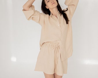 Linen Shorts for Women - Flax Lounge Wear - Oversized Shorts in Elegant and Eco-Friendly Style - Lounge wear - Baked milk color shorts