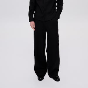 Gift for Him - Men’s Black Linen Wide-Leg Pants – Relaxed Fit, Mid-Rise, Front Zip with Hook Closure, Side Pockets, 100% Linen