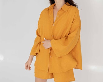 Organic Linen Pajama Set in Mustard Yellow - Women's Lounge Wear - Bridesmaid Sleepwear