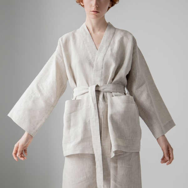 Linen elegant set Flax kimono and pants Flax comfortable suit Linen women costume Wide Leg pants White women suit Relaxed fit clothes