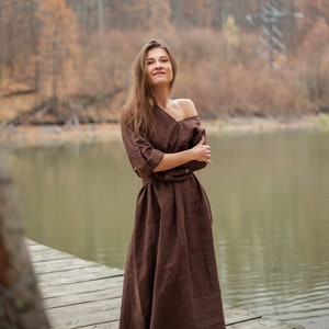 Chocolate linen dress Long sleeves dress with belt Street style linen dress Plus size linen dress Transformed dress Luxury Eco Linen Organic image 2