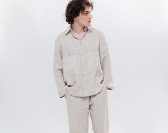 Set in der natürlichen Leinenfarbe - Premium Leinen Kostüm - Relaxed Fit Hose und Shirt - Oversized Lounge Wear für Herren