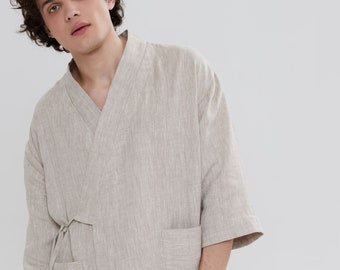 Flax  clothes eco - Japanese style outfit - Men's linen kimono beige - Natural fabric lounge home wear- Spa pajama - Relaxed fit