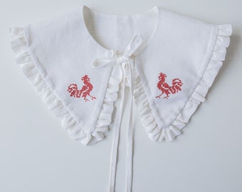 Embroidered detachable collar Peter Pan collar with red roosters White linen collar Ruffle collar Cottage core collar Removable big collar