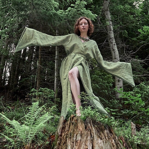 Kimono dress with belt - Wrap Dress - Linen Dress - Maxi dress - Eco friendly clothes - Minimalistic clothes women - Forest witch dress
