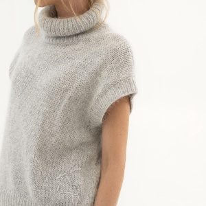 Luxurious Hand-Knitted Angora Wool Vest for Women - Light Grey Vest with Hand Embroidery - Elegant High-Neck Vest - Angora Wool Knit Vest