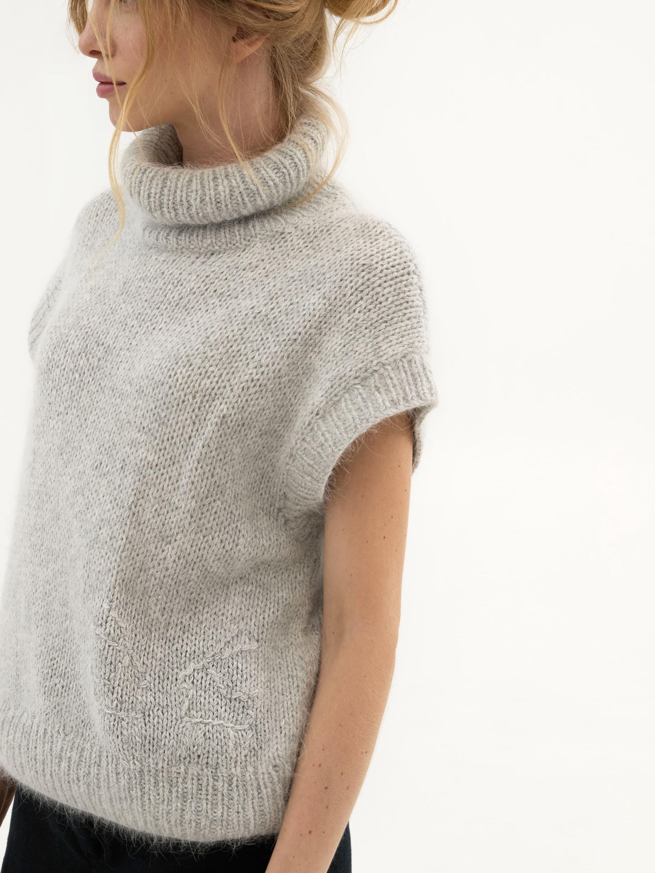 Luxurious Hand-Knitted Angora Wool Vest for Women - Light Grey Vest with Hand Embroidery - Elegant High-Neck Vest - Angora Wool Knit Vest