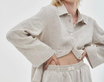 Eco gift for girl - Linen costume women - Shorts and shirt oversized set - Flax short pants - Relaxed fit costume - Lounge wear