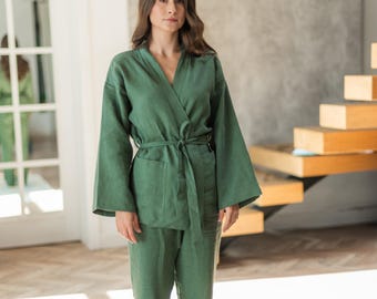 Stylish Gift - Chic Linen Kimono & Wide Leg Pants - Sustainable Flax Ensemble - Relaxed Fit Eco Wear - Linen Kimono and Trousers Set
