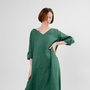 Linen dress midi Long sleeve dress Green linen dress, Plus size Custom made Oversized linen dress natural chic earthy tones resort outfit image 5