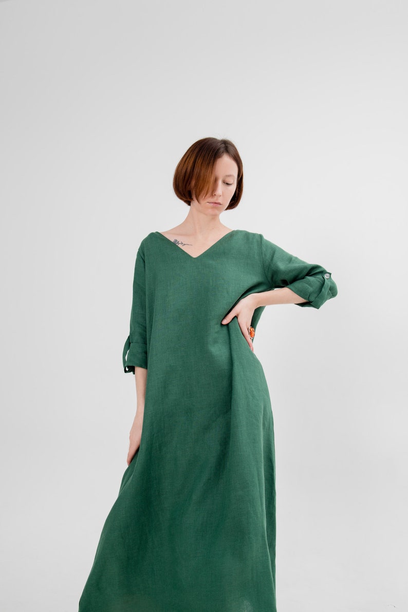 Linen dress midi Long sleeve dress Green linen dress, Plus size Custom made Oversized linen dress natural chic earthy tones resort outfit image 5