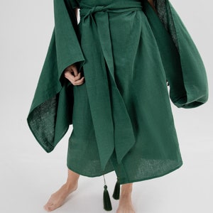 Japanese kimono dress Long green linen jacket Women coat organic loungewear maxi boho cardigan eco friendly clothes minimalistic linen robe image 7