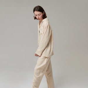 Gift for Women Linen pajama set Wide leg pants, Relaxed fit shirt Organic sleepwear Home lounge wear Natural fabric pajama image 5