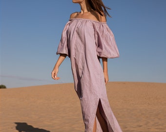 Dusty Rose Linen Off-Shoulder Maxi Dress – Retreat Wear with Balloon Sleeves – Boho Flax Clothing – Relaxed Fit Eco Dress