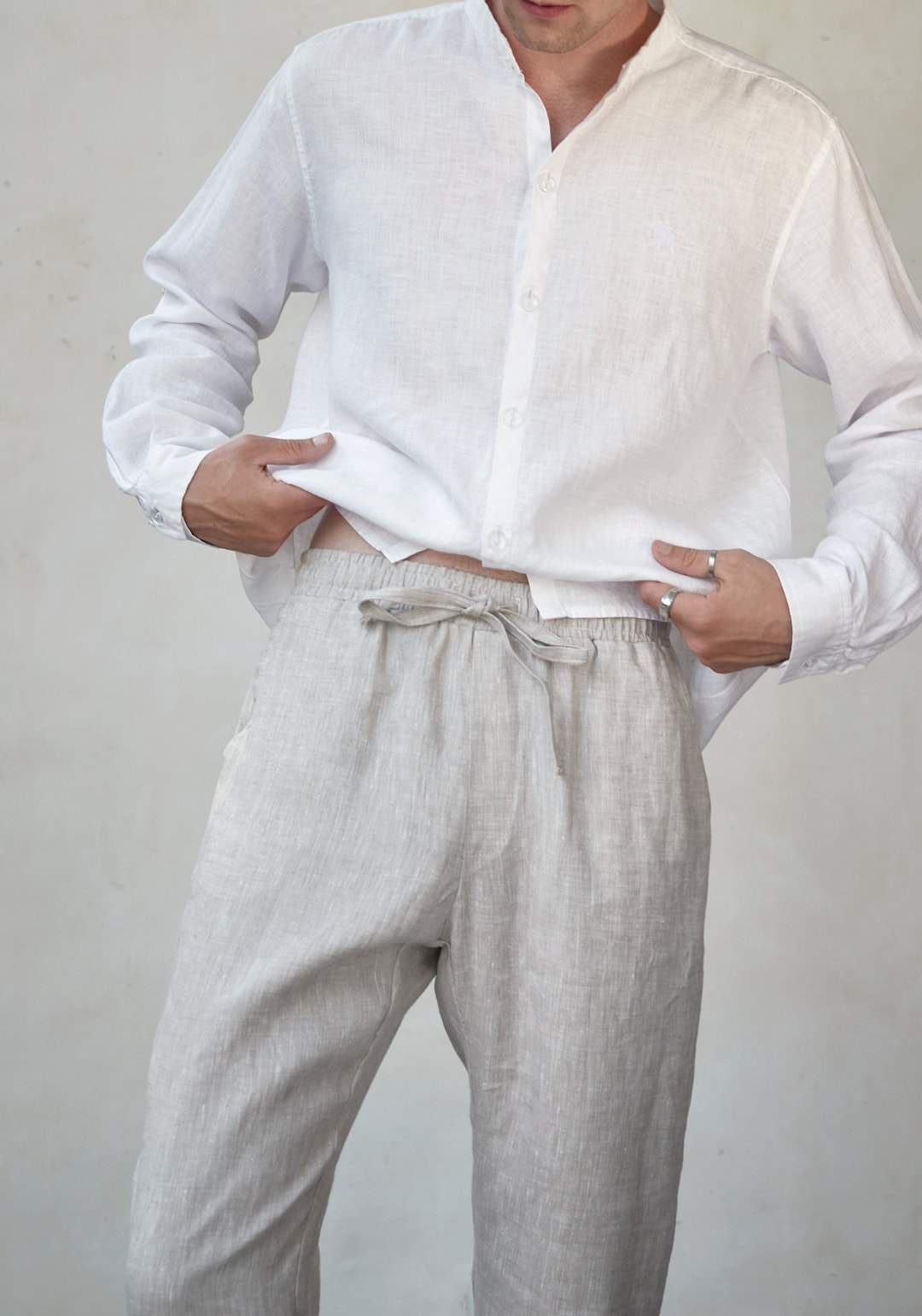 Natural Linen Pants Men Casual Style Unbleached Flax Trousers With