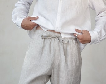 Natural linen pants men Casual style Unbleached flax trousers with pockets Old money style Elegant linen pants