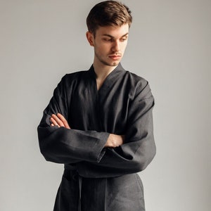 Men linen pajama Kimono Japanese style Long sleeve linen shirt Lounge pants Organic sleepwear Natural fabric home wear Grey men kimono set image 4