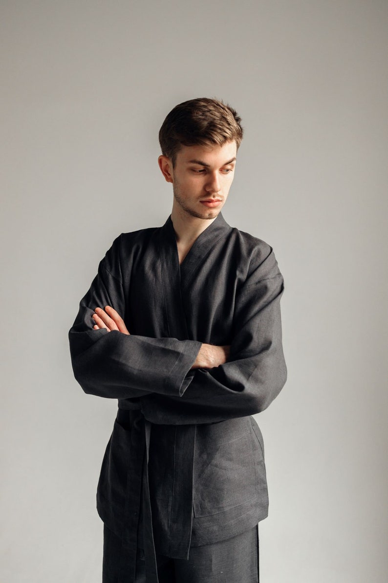 Men linen pajama Kimono Japanese style Long sleeve linen shirt Lounge pants Organic sleepwear Natural fabric home wear Grey men kimono set image 4