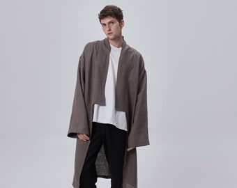 Men's linen haori Japanese cardigan Linen men coat Grey Brown Chocolate  Eco color Ethnic men coat Earthy tones Comfy jacket Natural fabric