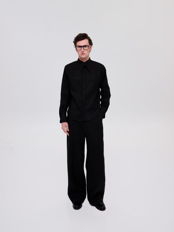 black dress shirt and slacks Men's Linen Shirt and Pants Set – Black Silhouette Shirt With Extended  Collar and Wide-leg Mid-rise Trousers – Relaxed Fit – 100% Linen