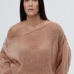 Caramel jumper for spring - Knitted net top women - Oversized Mohair Knit Sweater - See-through short pullover