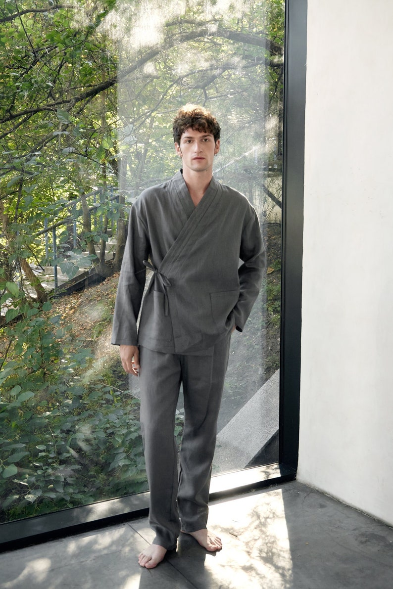 Japanese style men's linen kimono set Natural fabric lounge home wear flax comfy clothes grey graphite Spa pajama Relaxed fit pants shirt image 1
