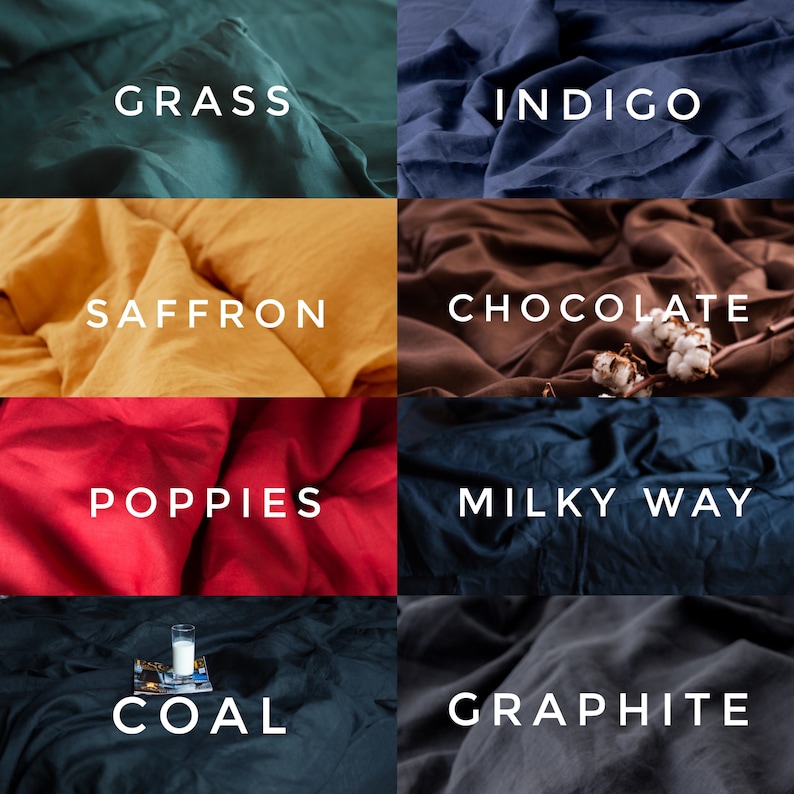 May include: A collage of fabric swatches in various colors, including grass green, indigo blue, saffron yellow, chocolate brown, poppy red, milky way blue, coal black, and graphite gray. Each swatch is labeled with its corresponding color name.